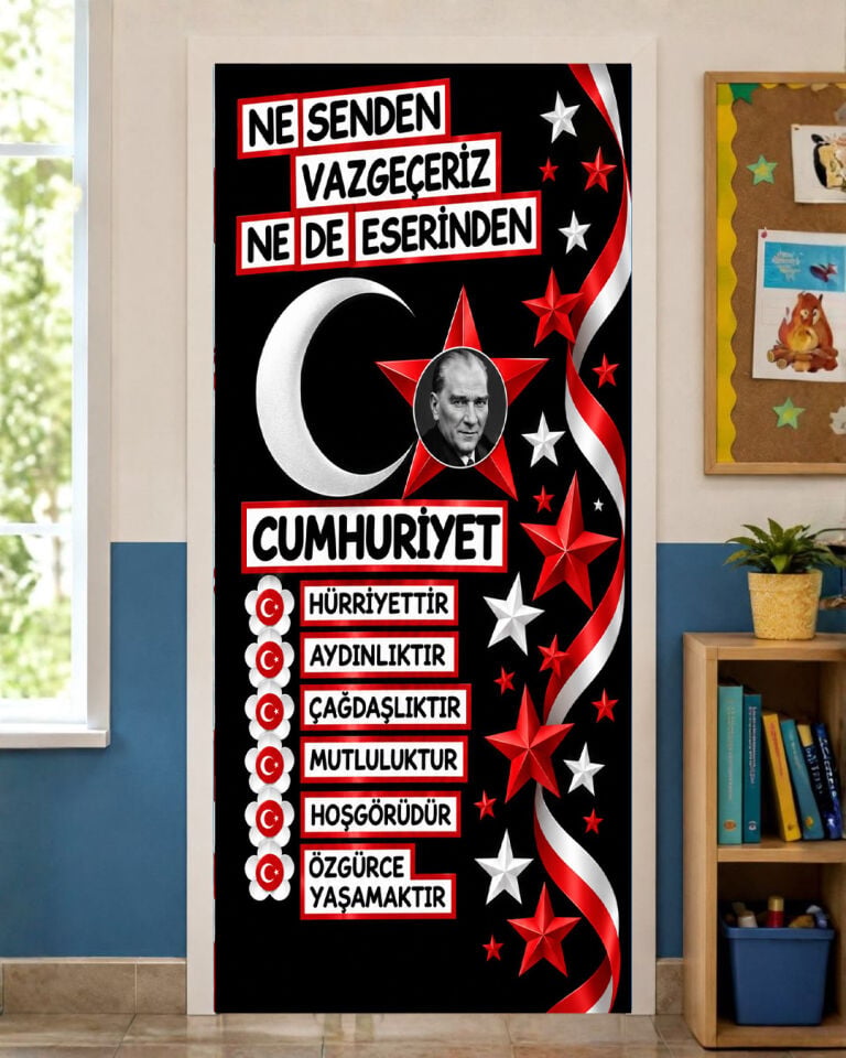 190x75cm Lastikli okul sınıfları kapı giydirme, 29 Ekim, Ne Senden Vazgeçeriz Ne Eserinden, Kumaş kapı giydirme, Sınıf Kapısı, Okul etkinlik kapı giydirme