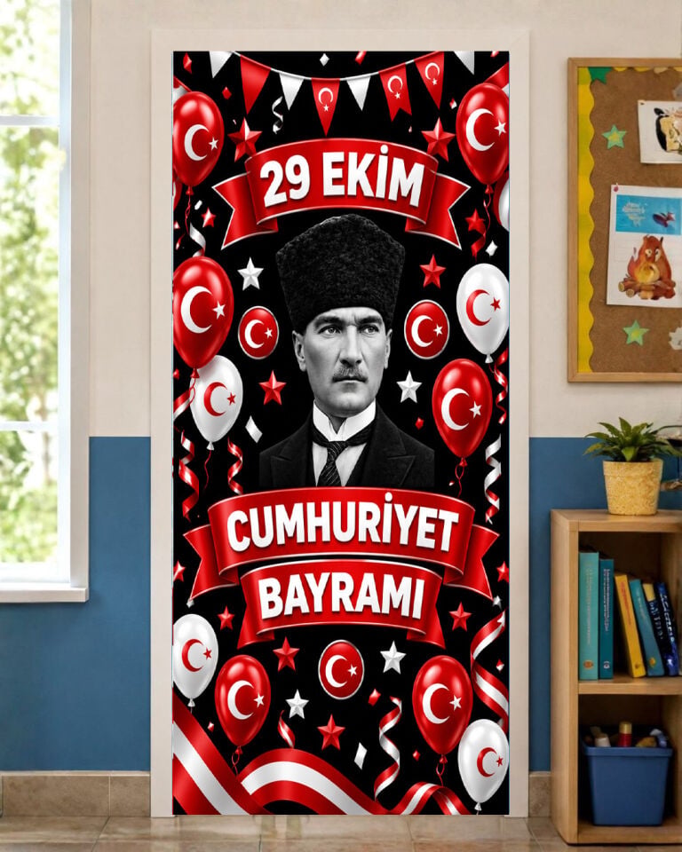 190x75cm Lastikli okul sınıfları kapı giydirme, 29 Ekim Cumhuriyet Bayramı, Kumaş kapı giydirme, Sınıf Kapısı, Okul etkinlik kapı giydirme