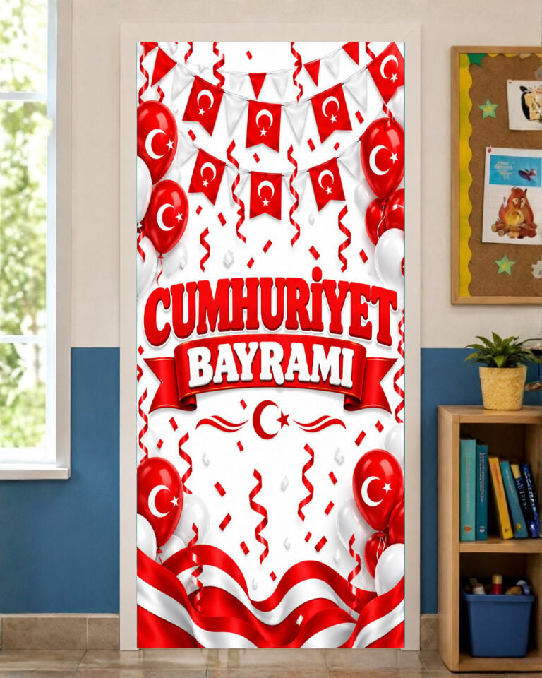 190x75cm Lastikli okul sınıfları kapı giydirme, 29 Ekim Cumhuriyet Bayramı, Kumaş kapı giydirme, Sınıf Kapısı, Okul etkinlik kapı giydirme