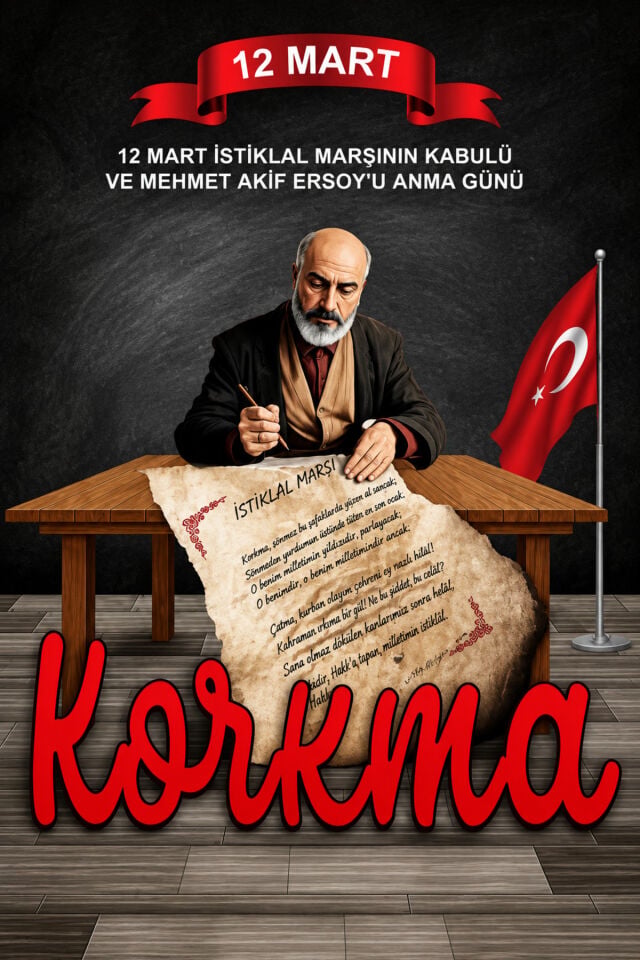 200x200 cm Ek Dikişli, 12 Mart, Korkma, Okul Etkinlik Kumaş Pano