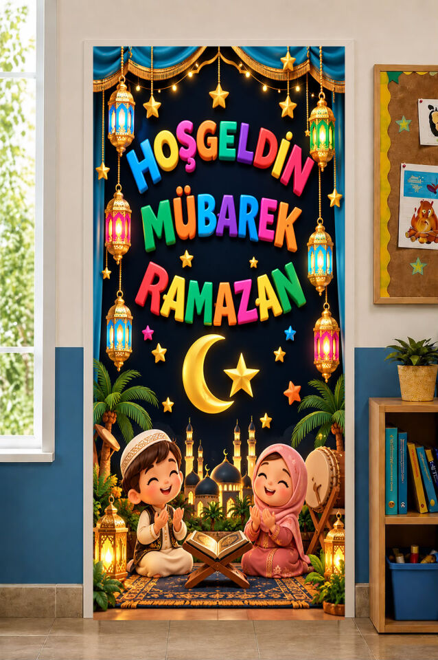 190x75cm Lastikli Okul Ramazan Hoş Geldin Temalı Renkli Kumaş Kapı Giydirme, Sınıf Kapısı, Okul etkinlik kapı giydirme