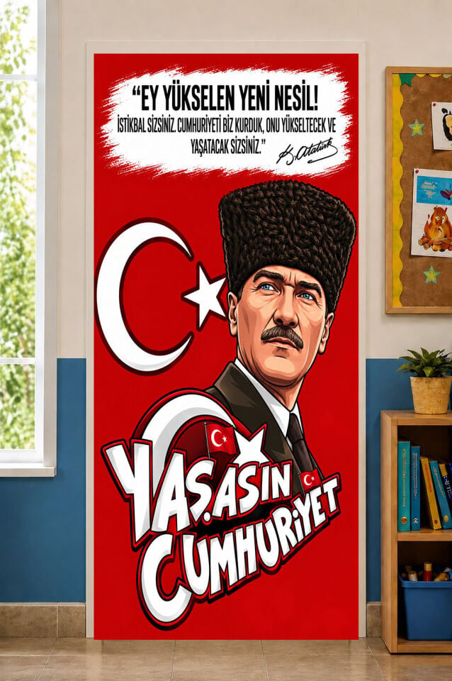 190x75cm Lastikli Okul Sınıf Kapısı Giydirme, 29 Ekim Cumhuriyet Bayramı, Kumaş kapı giydirme, Sınıf Kapısı, Okul etkinlik kapı giydirme