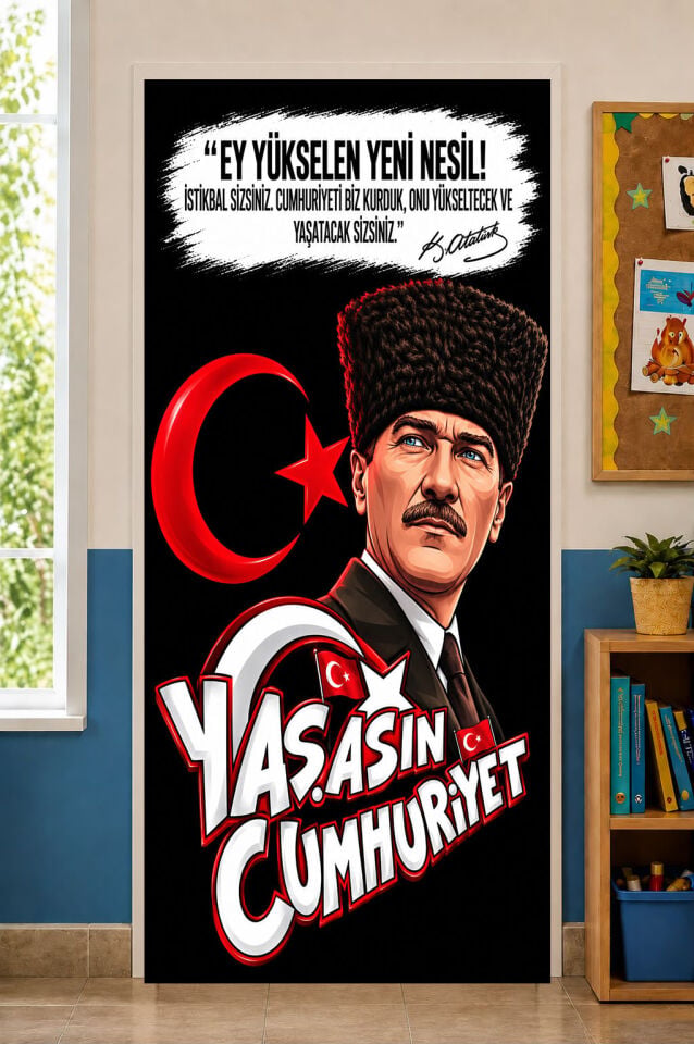 190x75cm Lastikli Okul Sınıf Kapısı Giydirme, 29 Ekim Cumhuriyet Bayramı, Kumaş kapı giydirme, Sınıf Kapısı, Okul etkinlik kapı giydirme