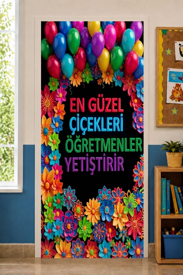 190x75 Cm, En Güzel Çiçekleri Öğretmenler Yetiştirir Temalı Okul Sınıf Kapı Giydirme, Kumaş Lastikli Kapı Giydirme