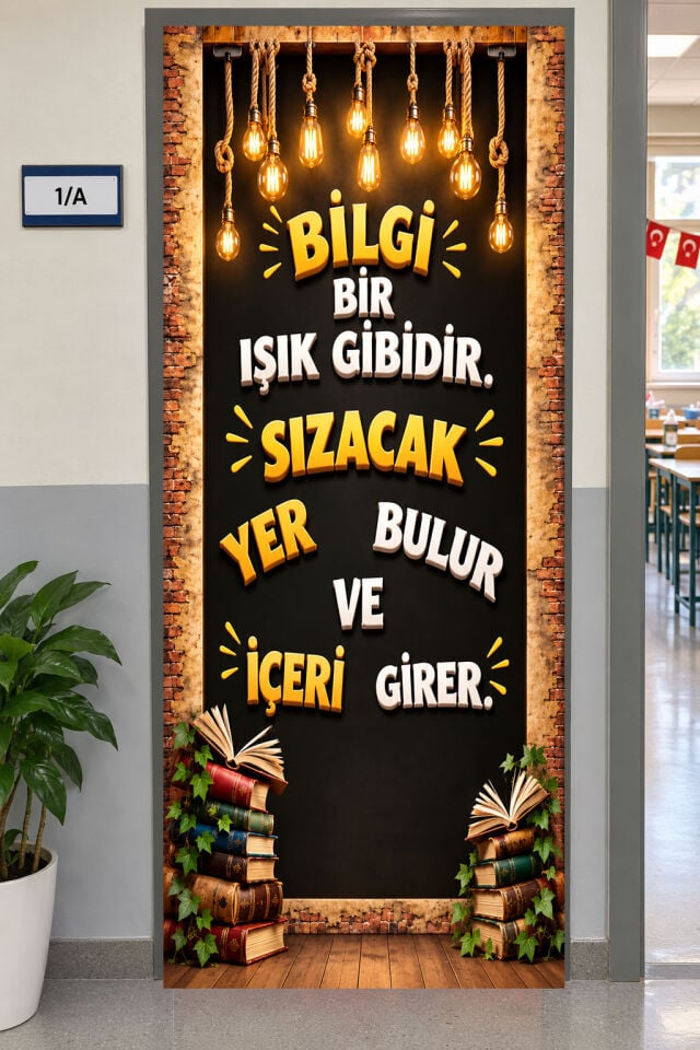 190x75 Lastikli Kumaş Kapı Giydirme, Bilgi Işık Gibidir, Okul Etkinlik Kumaş Fon