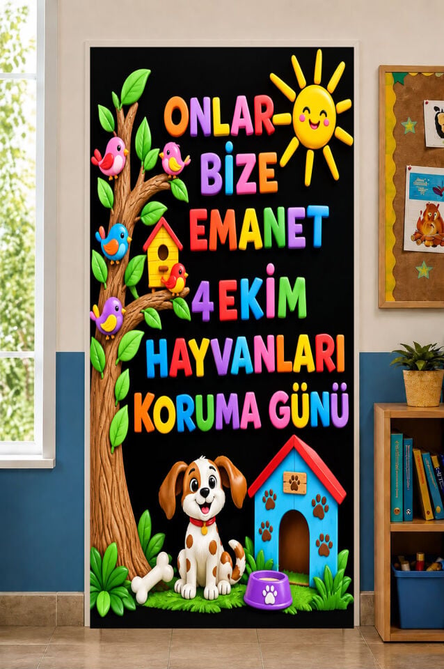 190x75 cm, 4 Ekim Hayvanları Koruma Günü Temalı Kumaş Fon Lastikli Kapı Giydirme