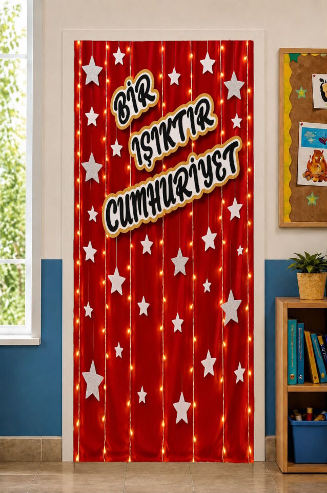 190x75cm Lastikli okul sınıfları kapı giydirme, Bir Işıktır Cumhuriyet, Kumaş kapı giydirme, Sınıf Kapısı, Okul etkinlik kapı giydirme