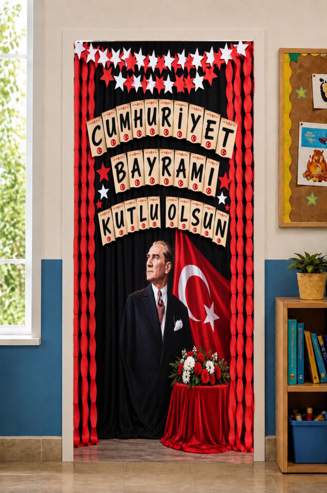 190x75cm Lastikli okul sınıfları kapı giydirme, Cumhuriyet Bayramı Kutlu Olsun, Kumaş kapı giydirme, Sınıf Kapısı, Okul etkinlik kapı giydirme