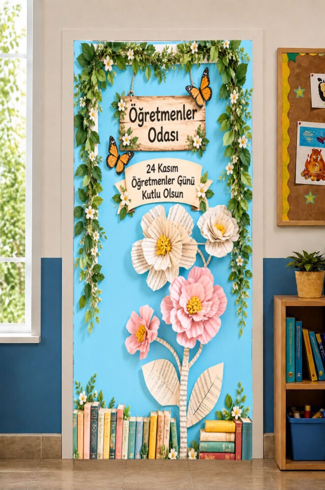 190x75cm Lastikli okul sınıfları kapı giydirme, Öğretmenler Odası, 24 Kasım, Kumaş kapı giydirme, Sınıf Kapısı, Okul etkinlik kapı giydirme