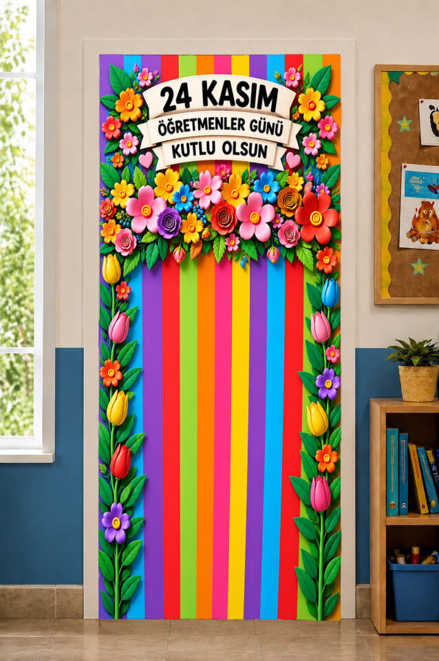 190x75cm Lastikli okul sınıfları kapı giydirme, 24 Kasım Öğretmenler Günü Kutlu Olsun, Kumaş kapı giydirme, Sınıf Kapısı, Okul etkinlik kapı giydirme