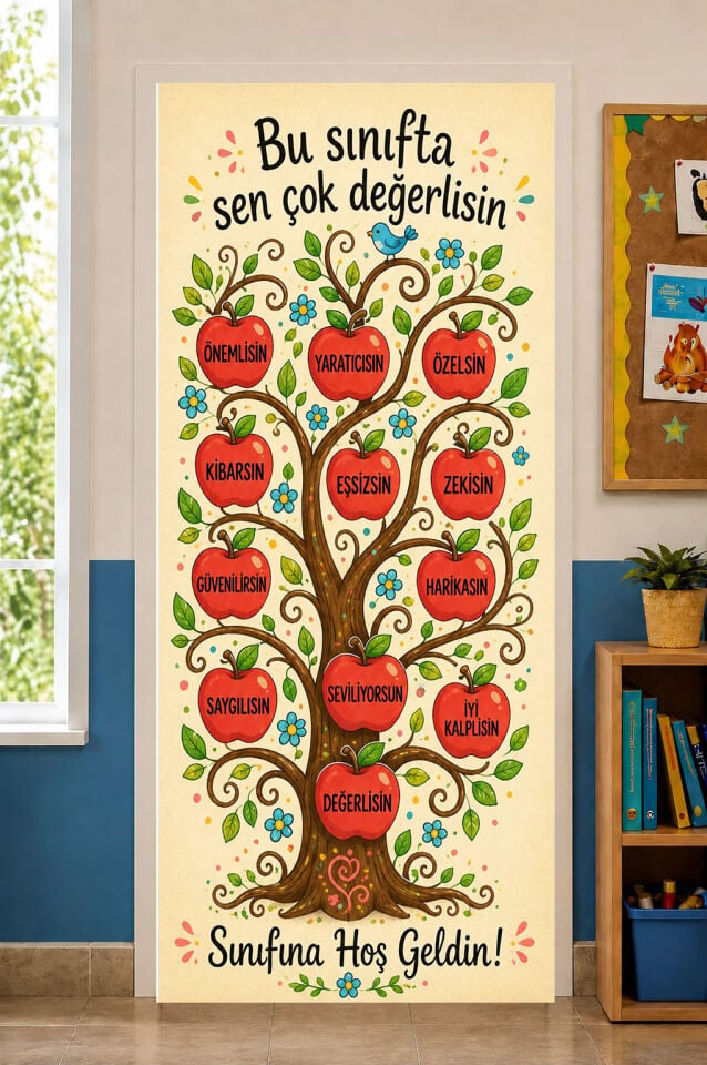 190x75 Cm Lastikli Kapı Giydirme, Bu Sınıfta Sen Çok Değerlisin Okul Sınıf Kapı Giydirme Kumaş