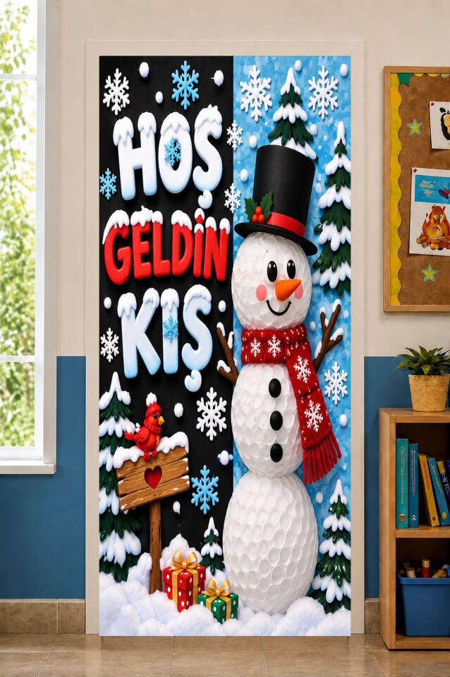 190x75 Lastikli Hoş Geldin Kış Temalı, Kapı Giydirme Okul Sınıf Kapı Giydirme