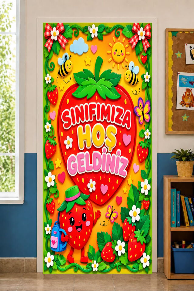 190x75 cm Sınıfımıza Hoş Geldiniz Temalı Lastikli Sınıf Kapı Giydirme